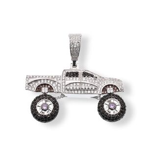 Rhodium Plated 925 Silver Pickup Truck Spinning Wheels Clear Brown Pendant
